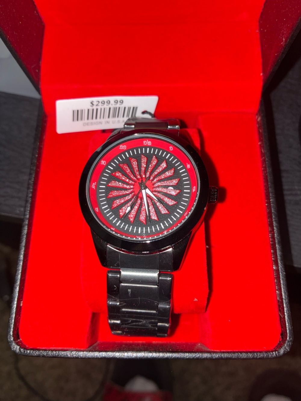 Men's Black Stainless Steel Watch with Red Dial